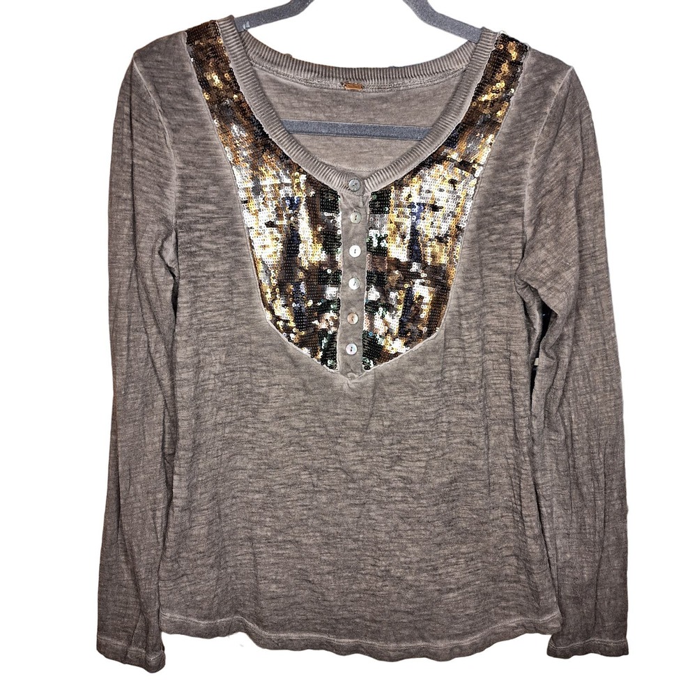 Free people Tiger eyes sequined Henley top S gray brown bling sparkle Gypsy top